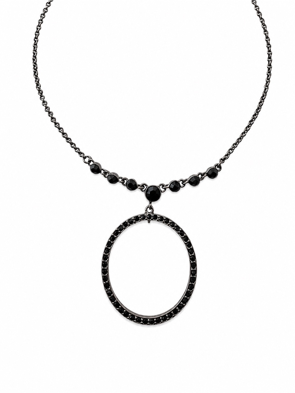 Givenchy gunmetal Tone Black Crystal Open Circle Pendant Necklace